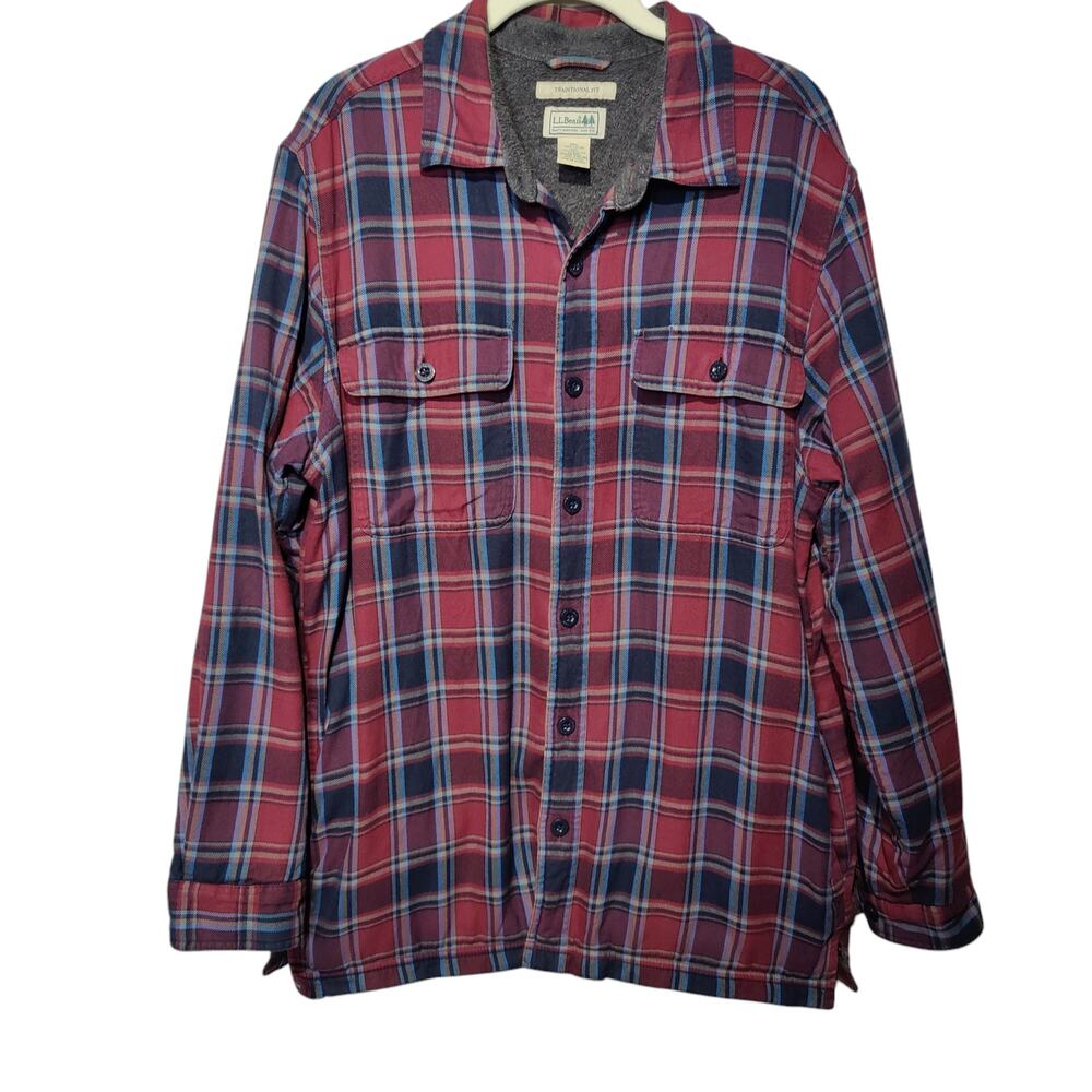 LL Bean Men's Sz M Fleece Lined Flannel Shacket Red Blue Plaid Button Up Shirt